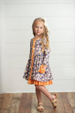 Kids Gray & Mustard Floral Ruffle Button Pocket Fall Dress