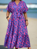 Floral V neck Pocket Belted Maxi Dress (Plus)