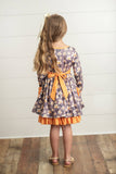 Kids Gray & Mustard Floral Ruffle Button Pocket Fall Dress
