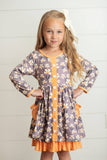 Kids Gray & Mustard Floral Ruffle Button Pocket Fall Dress
